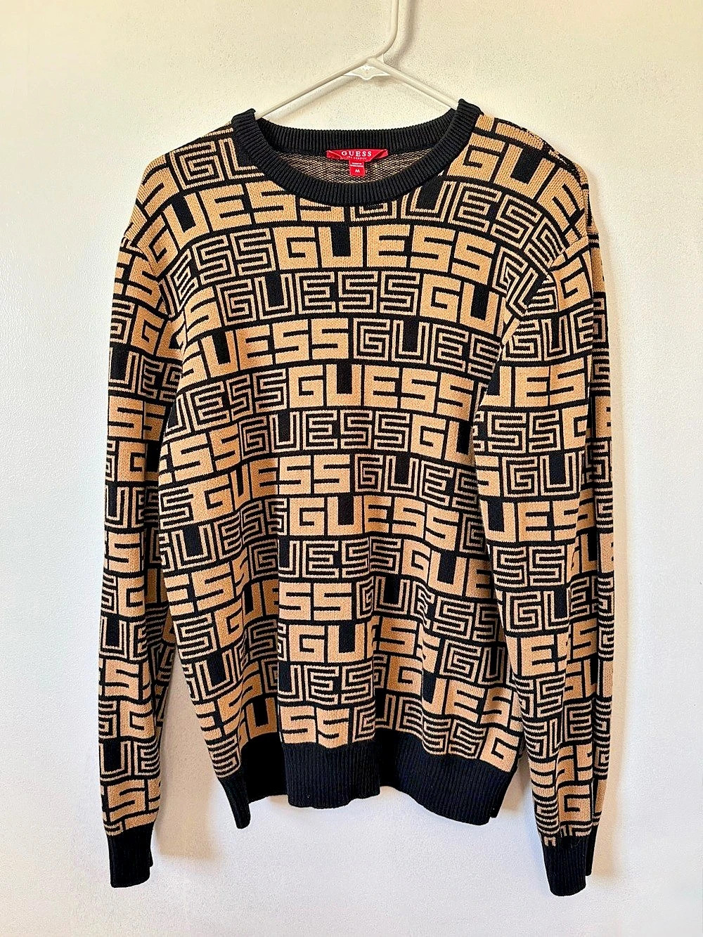 Guess Los Angeles Allover Logo Monogram Knit Sweater Brown & Black Medium